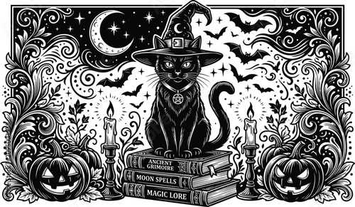 A detailed black and white illustration of a witch cat sitting atop mystical books with spooky decor
