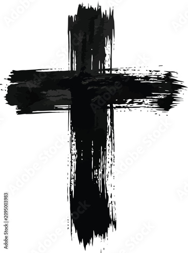 A bold and artistic black ink brush stroke christian cross isolated on a plain white background surface