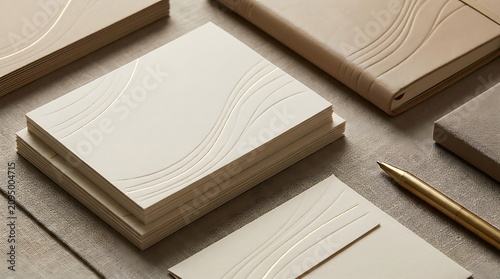 Elegant neutral-toned stationery collection featuring notebooks with subtle wavy embossed patterns, complementing envelopes, and a stylish golden pen, arranged for a sophisticated aesthetic