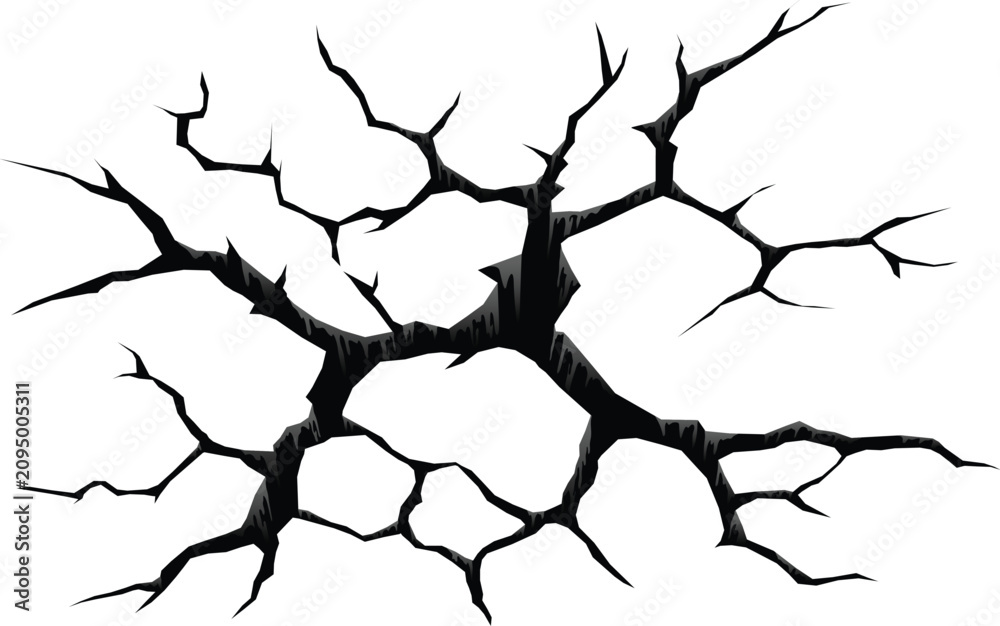 Fototapeta premium Ground strike crack, soil split or break hole. Dry soil drought damage crack isolated vector effect, ground earthquake fracture break or earth disaster hit or strike hole