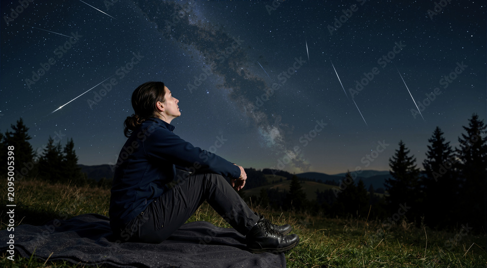 Obraz premium Woman watching the Perseid meteor shower in the night sky. Solitary female sitting on a blanket looking at shooting stars and the Milky Way. Outdoor astronomy and stargazing