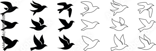 Set of black silhouette and outline icons of birds in flight with silhouette
