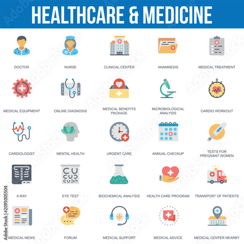 Healthcare and medicine flat design icon set for medical services and facilities