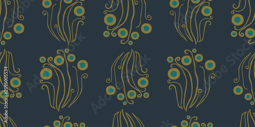 Seamless pattern of decorative abstract floral design elements, tendrils, circles, vector background, wallpaper, paper, fabric, textile