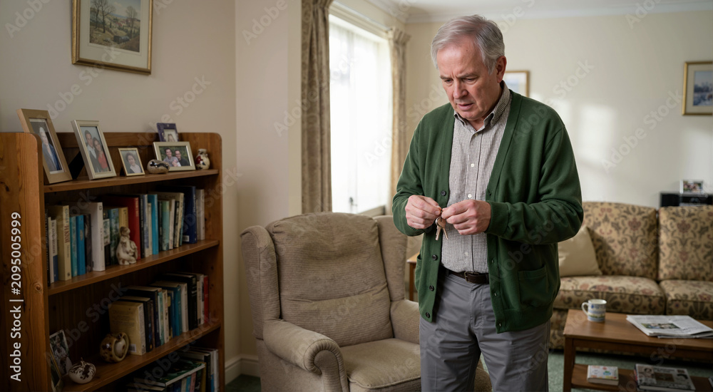 Fototapeta premium Senior man looking disoriented and confused with keys in living room. Early signs of alzheimer disease and dementia. Elderly male experiencing memory loss at home