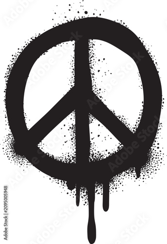 Hippie peace symbol graffiti black spray, grunge paint element. Spraypaint messy stroke, street art print isolated vector, graffiti black ink dirty urban sign or paint grunge line cool