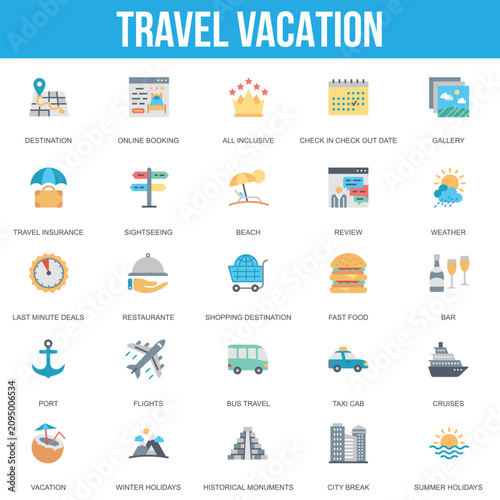 Set of travel and vacation flat icons for tourism and trip planning