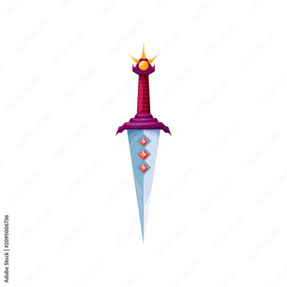 Fototapeta premium Fantasy sharp sword, magic knife with handle decorated by precious stones. Vector fantasy knife with sharp blade, antique armour, ui game element. Weapon of medieval fantastic king, tattoo design