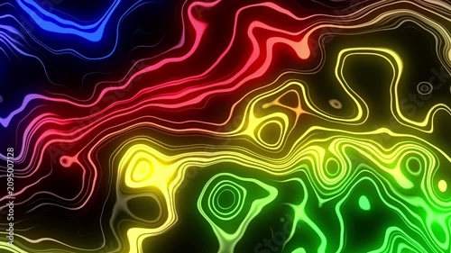 Neon contour flow with multicolor glowing bands and ripple rings