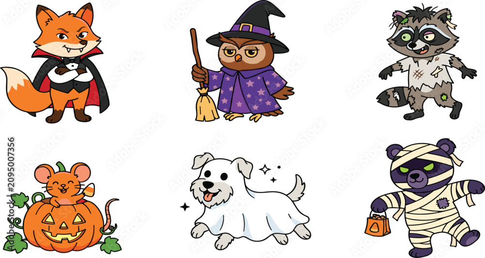Obraz premium Cute Cartoon Animals in Halloween Costumes Set with Witch, Cat, Raccoon, Dog and Tiger Outfits for Fun