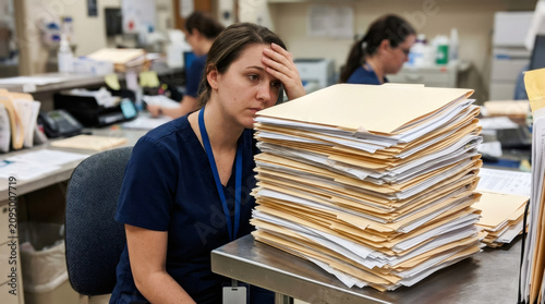 Stressed woman nurse sitting at desk with stack of medical files. Tired health worker dealing with massive paperwork burden. Overworked hospital staff healthcare administration concept.