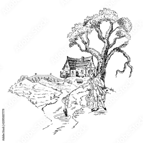 Man and pretty woman are catching crayfish by the river under old oak, rural cottage in landscape near stone bridge.