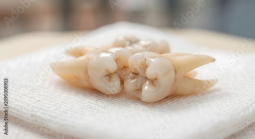 Extracted human wisdom tooth with roots on white gauze pad