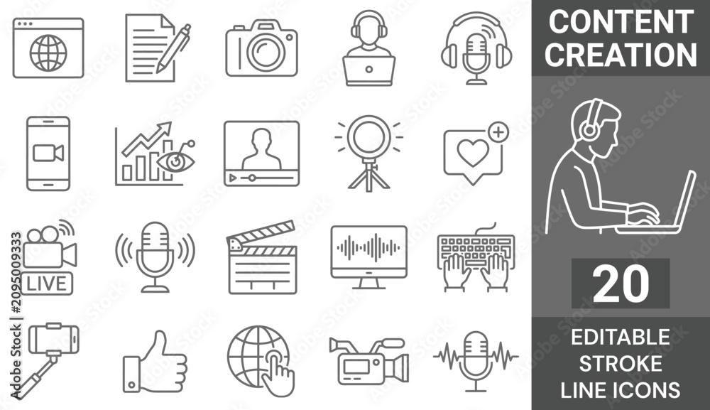 Fototapeta premium Content Creation Line Icon Set. 20 Editable Stroke Icons of Digital Vlogging, Social Media Influencer Tools, Podcast Microphone, Ring Light, and Movie Clapperboard, Vector Outline Symbols.