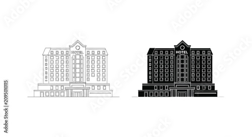 Two hotel building outlines against a white background black line silhouette