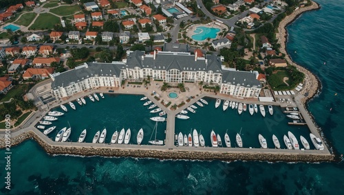 Boats Docked at a Marina With Buildings and a Pool in the Background During D...