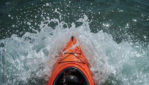 Kayak Moves Through Water Making Splashes on a Sunny Day in the Ocean