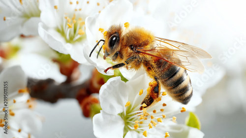Close-up of honeybee collecting pollen from white blossoms with delicate translucent wings visible