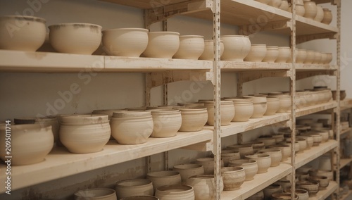 Shelves Filled With Clay Bowls in a Pottery Studio During Daylight Hours