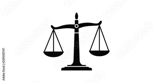 Scales of justice in black silhouette against a white background judgement