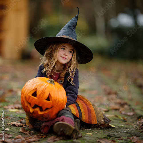 Cute little girl dressed as witch with carved pumpkin sitting outdoors during autumn Halloween celebration