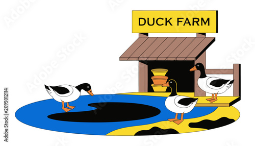 Bild auf Leinwand Very beautiful realistic vector illustration of a duck farm featuring domestic ducks, pond, wooden shelter, and a bold label reading DUCK FARM, isolated on white background