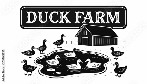 Картината върху платно Very beautiful black and white realistic vector illustration of a duck farm featuring ducks and pond with a bold label reading DUCK FARM, engraved linework, isolated on white background