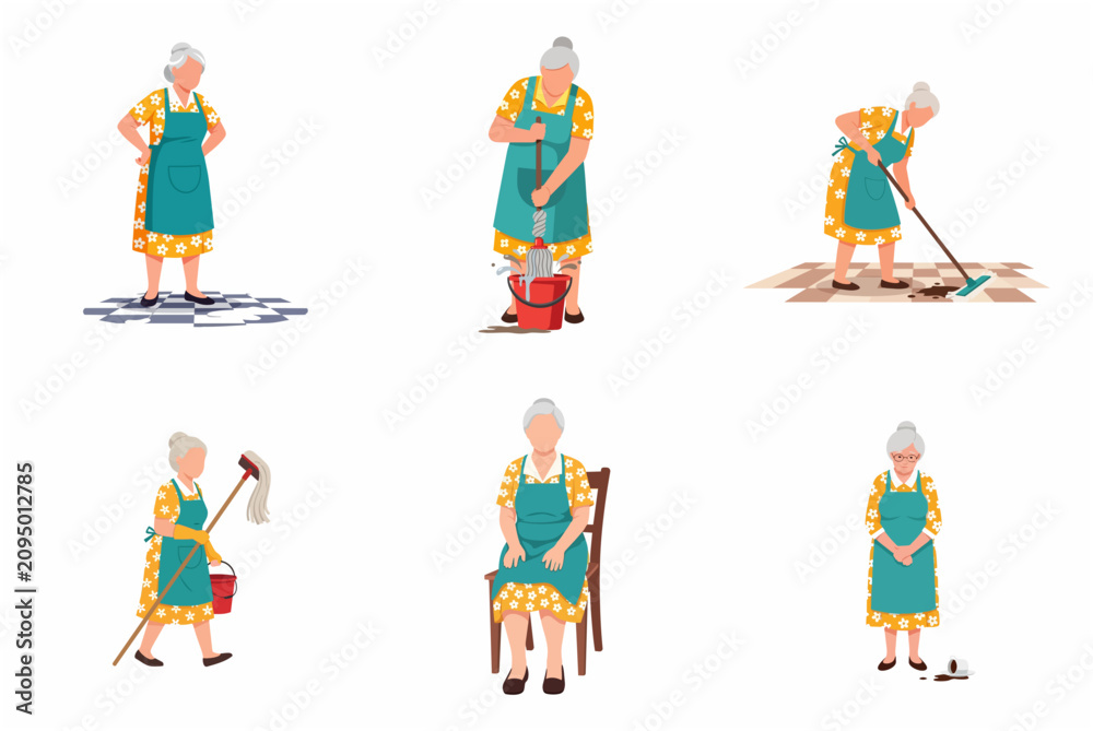 Fototapeta premium Senior woman cleaning floor and doing household chores character set