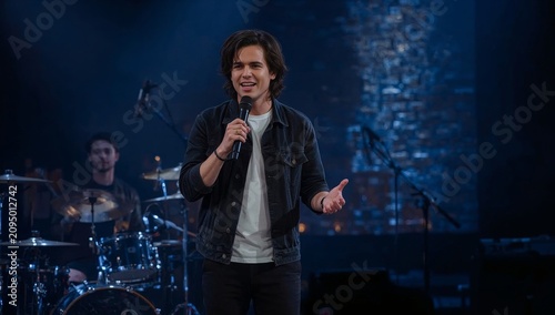 Comedian Performs on Stage With Microphone in Lively Venue With Band in the B...