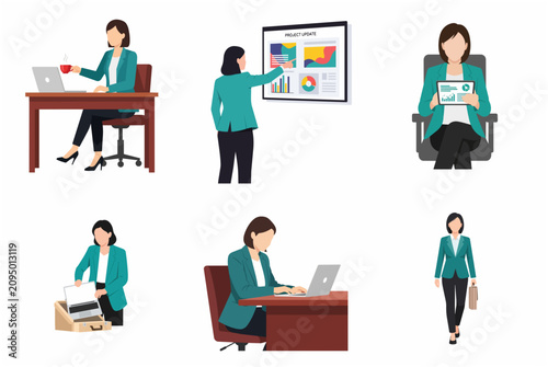 Businesswoman character set in various poses and office activities, presenting data, working on laptop, and walking with briefcase. Flat vector illustration.