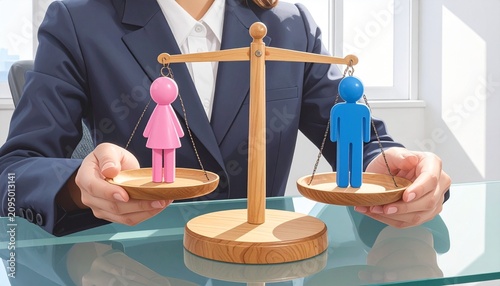 Businessman Balancing Male and Female Cutouts on Seesaw Gender Equality Concept