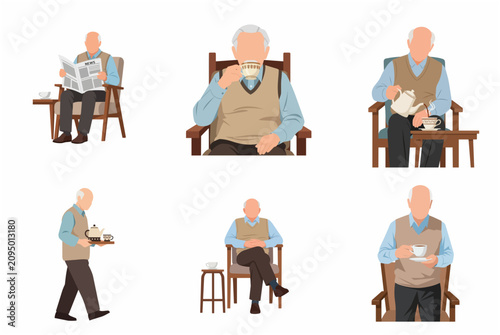 Obraz na plátně Set of elderly man illustrations enjoying daily activities like reading newspape