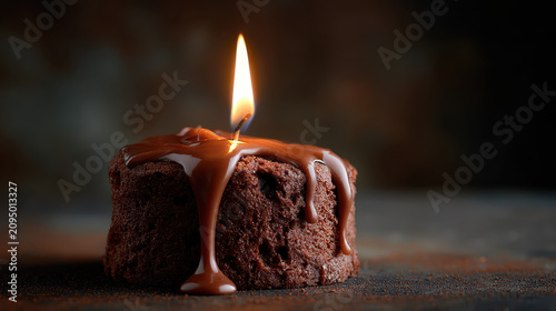 Single Lit Candle Atop Moist Chocolate Cake Close-Up