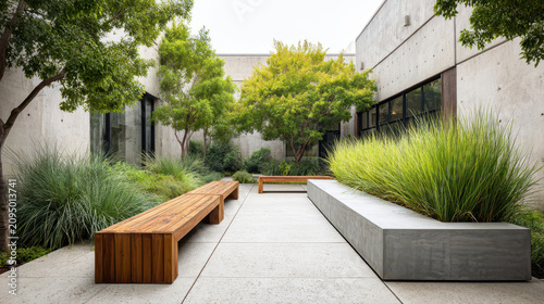 Contemporary Outdoor Space with Concrete Benches and Planters
