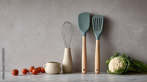 Modern Kitchen Scene with Teal and Beige Silicone Utensils