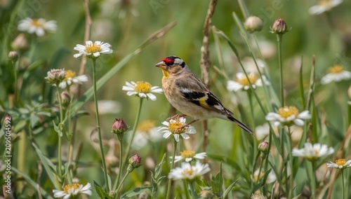 Bird Stands on a Flower Among Green Grass During Daytime in a Natural Field