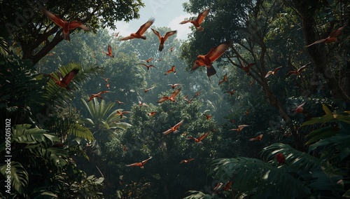 Birds Fly Through a Dense Forest With Sunlight Filtering Through the Trees in...