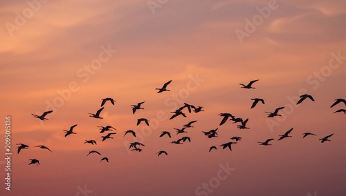 Flock of Birds Flying at Sunset in a Colorful Sky Above the Horizon