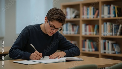 Student Studies in Library During Afternoon in Quiet Space
