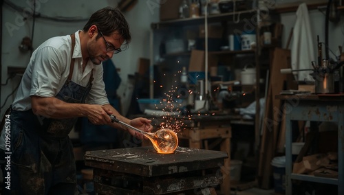 Crafting Metal in a Workshop With Focus on Details and Skill in Late Evening ...