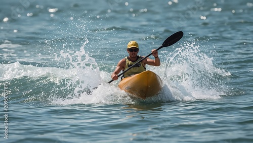 Person Paddles a Kayak Through Water With Waves During a Sunny Day Near a Sho...