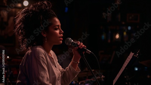 Singer Performs on Stage in a Live Music Venue During Nighttime With a Microp...