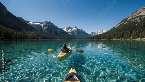 Kayak Trip on Clear Lake Surrounded by Mountains and Trees in Sunny Weather