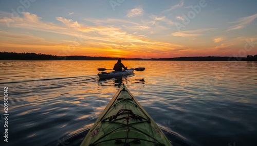 Sunset Kayak Activity on a Lake With a Person Paddling Away From the Camera