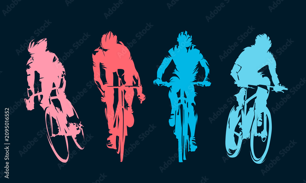 Obraz premium Cyclists set with two road cyclists and two mountain bike riders in action. Colorful red and blue vector illustration of cycling athletes isolated on a dark background.