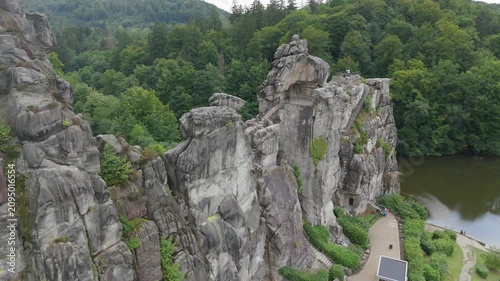 Zoomed Aerial Shot Of Externsteine Summit Staircase Near The Solar