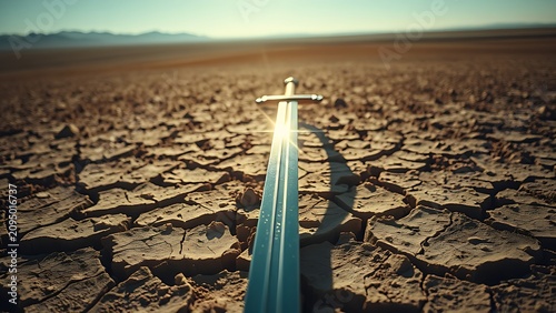 A medieval longsword plunged into cracked earth under sunlight.