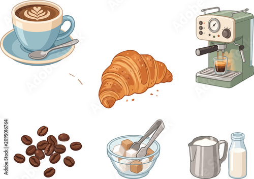 Quadro su tela Coffee shop vector elements set, espresso machine and latte cup icons, buttery c