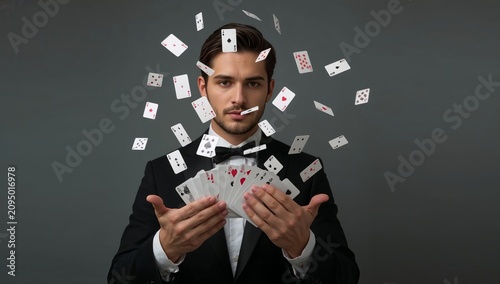 Magician Performs Card Tricks With Playing Cards Flying Around in a Studio Se...
