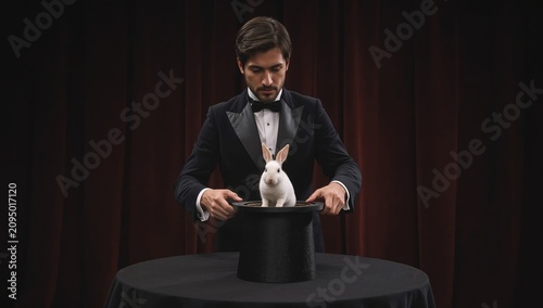Magician Performs Trick With Rabbit in Hat on Stage During Evening Show